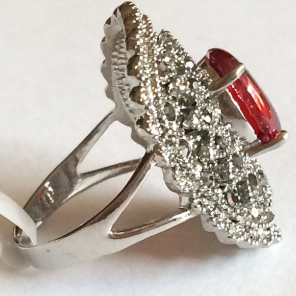 Art Deco Ruby Marcasite Cocktail Ring Size 6 7 Silver Rhodium Plated Simulated - Picture 4 of 12